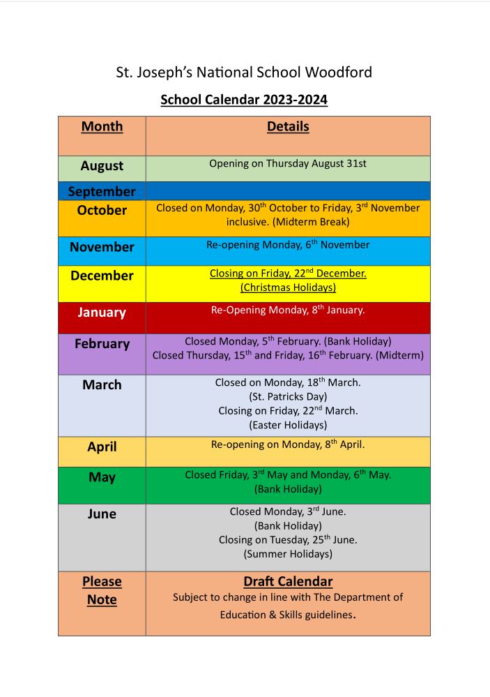 Calendar – St. Joseph's National School, Woodford